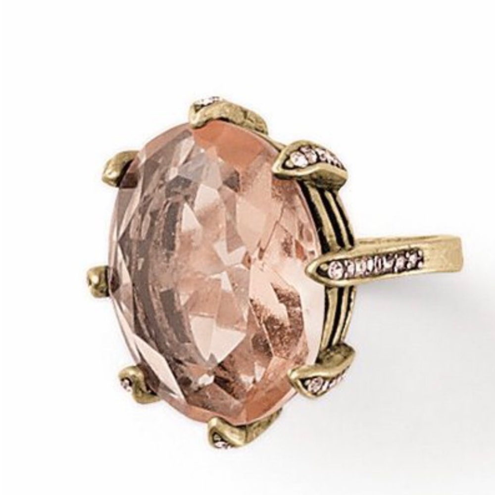Lia Sophia Peach Melba Antique Matte Gold Ring Large Crystal & Cut Crystal Sz 6